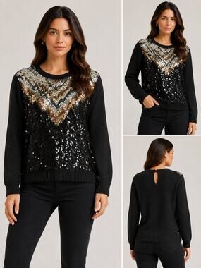 Vintage 80s Le Chois Black Sequin Sweater Size S Silk Angora Gold Silver Glam